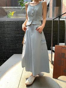 DAZY Women's Washed Korean Style Distressed Casual Fresh Denim Set, Summer - Blue - View 9