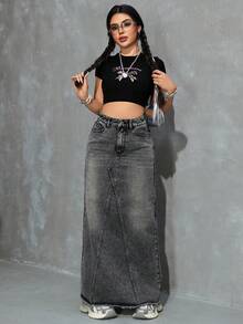 SHEIN Jeanoir Falda midi de mezclilla casual/de trabajo de cintura alta con bolsillos para mujer - Gris - Ver 5