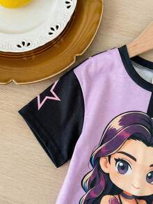 SHEIN 2pcs Baby Girl Knitted Crew Neck Cute Girl Pattern Casual T-Shirt And Shorts Set - Multicolor - View 9