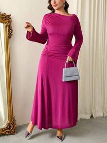 Firerie Plus Size Elegant Formal Blush Pink Autumn Dress For Women,Wedding Ninang,Ruched Flare Long Sleeve,Tummy Flattering,Curvy Office Party Valentine's Day - Hot Pink - View 2