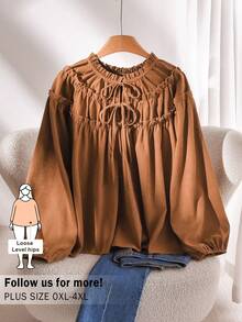 CosyJoli Plus Size Women's Solid Color Frill Trim Front Tie Long Sleeve Fashionable Blouse Coffee Brown Top Lantern Sleeve Blouse Brown Blouses - Brown - View 3