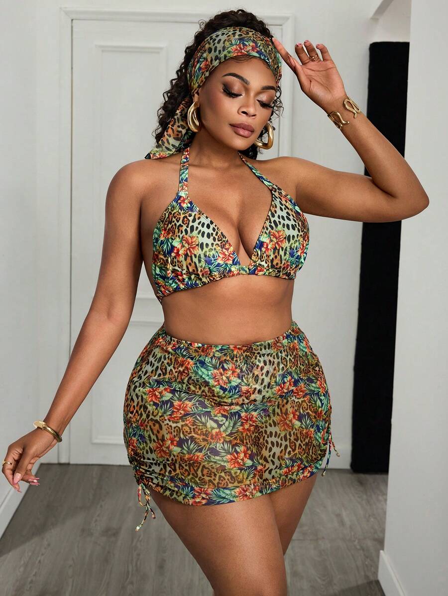 Slaydiva 2026 New Sexy Slimming 4-Piece Leopard Print Plus Size Swimsuit Set - Multicolor - View 1