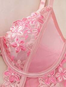 1件装女士性感花卉刺绣网纱连体衣 - 粉色 - 查看 5