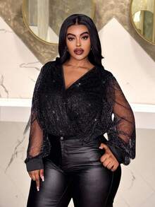 Slaydiva Plus Size Black Party Bodysuit With V Neck Wrap Detail And Semi-Sheer Bishop Sleeves Knitted Fabric Top - Black - View 8