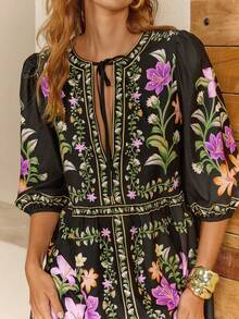 CAJUNI Women's Floral Print Ruffle Tie Neck Casual Vacation Mini Dress - Multicolor - View 6