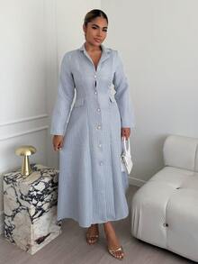 Maria Perezxox New Women Lapel Long Sleeve Faux Pocket Open Front A-Line Long Dress, Casual Resort Daily Versatile Youthful Elegant - Gray Blue - View 5