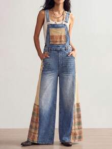 Bohemela 波西米亚风女式背带裤和连体裤，宽松长裤，格子拼接牛仔裤，可调节肩带设计，蓝色复古水洗，休闲背带裤 - 粉色 - 查看 4