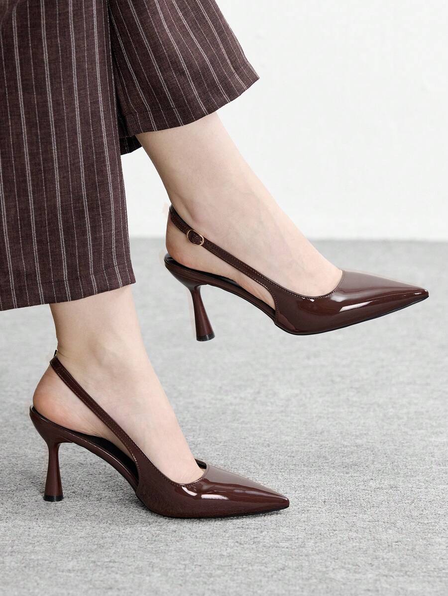 CUCCOO BIZCHIC 女士尖头细高跟棕色时尚基础款日常百搭通勤上班购物女式高跟鞋露跟鞋女鞋 - 咖色 - 查看 1