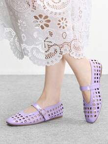 CUCCOO BIZCHIC 女士鞋 法式新款时尚紫色镂空格纹方头平底鞋，优雅百搭，舒适透气，轻便简约休闲高级凉鞋 - 紫色 - 查看 3