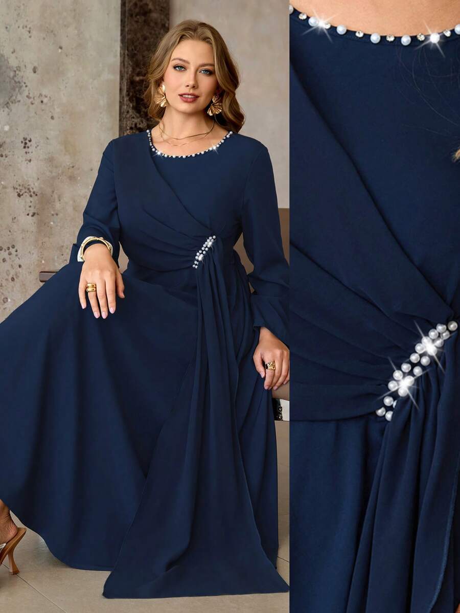 Roveilla 大码女式长袖圆领系带通勤连衣裙，优雅收腰连衣裙，饰有闪亮串珠装饰 - 藍色 - 查看 1