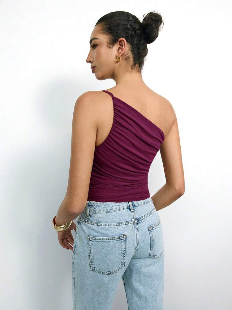 SHEIN Maija Women's 2026 Summer New Elegant Party & Office Commute Solid Color Asymmetric Design One Shoulder Tie Ruched Fitted Top For Women Sexy St Patrick's Day Women Easter Summer Easter Women Party Top Beach Summer Holiday Each Vacation For Women Summer For Women Going Out Graduation Casual Top For Women