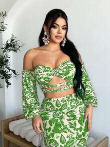 SHEIN SXY 女士印花露肩灯笼袖扭结设计短款性感上衣 - 綠色 - 查看 7