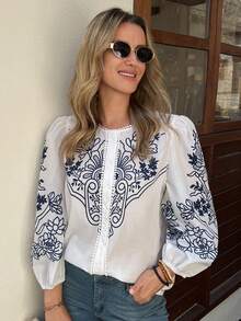 Vivie Lora Women's Loose Fit Round Neck Print Elegant Vacation Blouse - Navy Blue - View 7