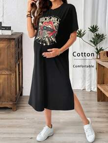 SHEIN فستان تي شيرت كاجوال بياقة دائرية وأكمام قصيرة بطباعة شفاه وحرف للحمل - الأسود - مشاهدة 1