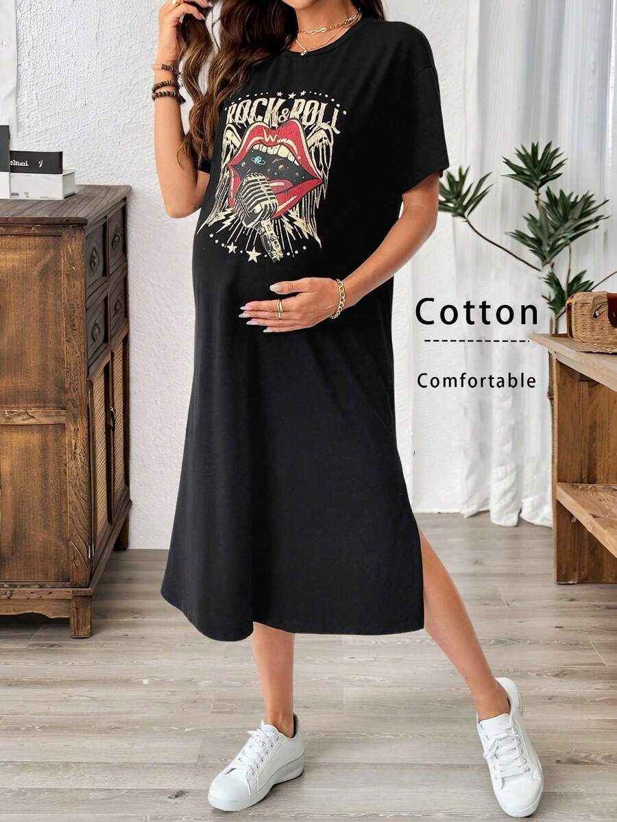 SHEIN فستان تي شيرت كاجوال بياقة دائرية وأكمام قصيرة بطباعة شفاه وحرف للحمل - الأسود - مشاهدة 1