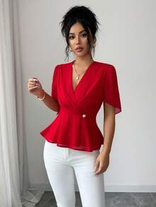 Rafferiza Áo kiểu dáng thanh lịch cổ chữ V, tay phồng, chất liệu chiffon đỏ, ôm sát eo, thiết kế độc đáo, phong cách vintage dành cho nữ. - Đỏ - Xem 4