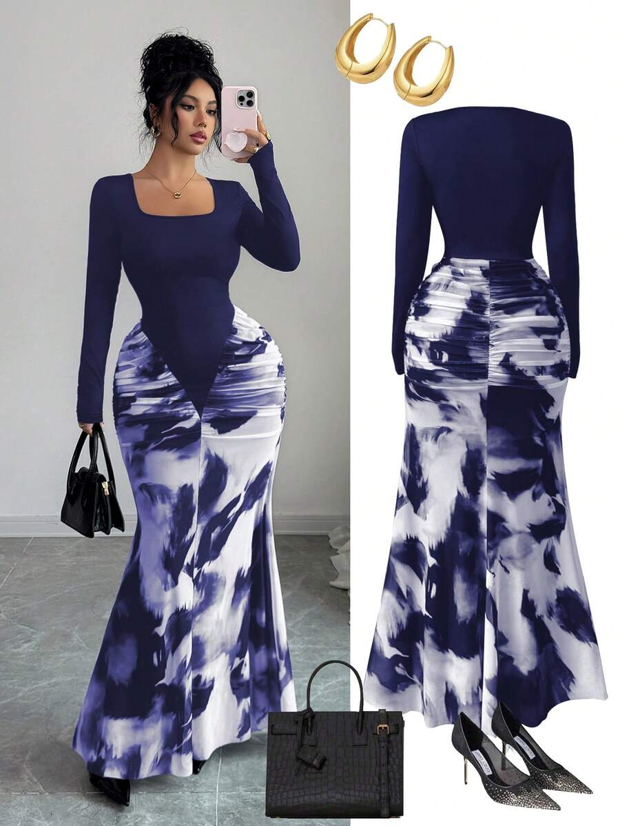 SHEIN Elenzya Đầm dự tiệc ôm sát người tay dài cổ vuông, xếp ly, in họa tiết phối màu dành cho nữ. - Màu xanh hải quân - Xem 1