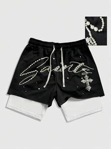 ROMWE MEN 2026 Spring/Summer New Casual Fashion Y2K Style Embellished 2 In 1 Shorts, Unisex Couple Matching Pants - Black - View 1