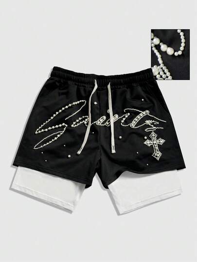 ROMWE MEN 2026 Spring/Summer New Casual Fashion Y2K Style Embellished 2 In 1 Shorts, Unisex Couple Matching Pants