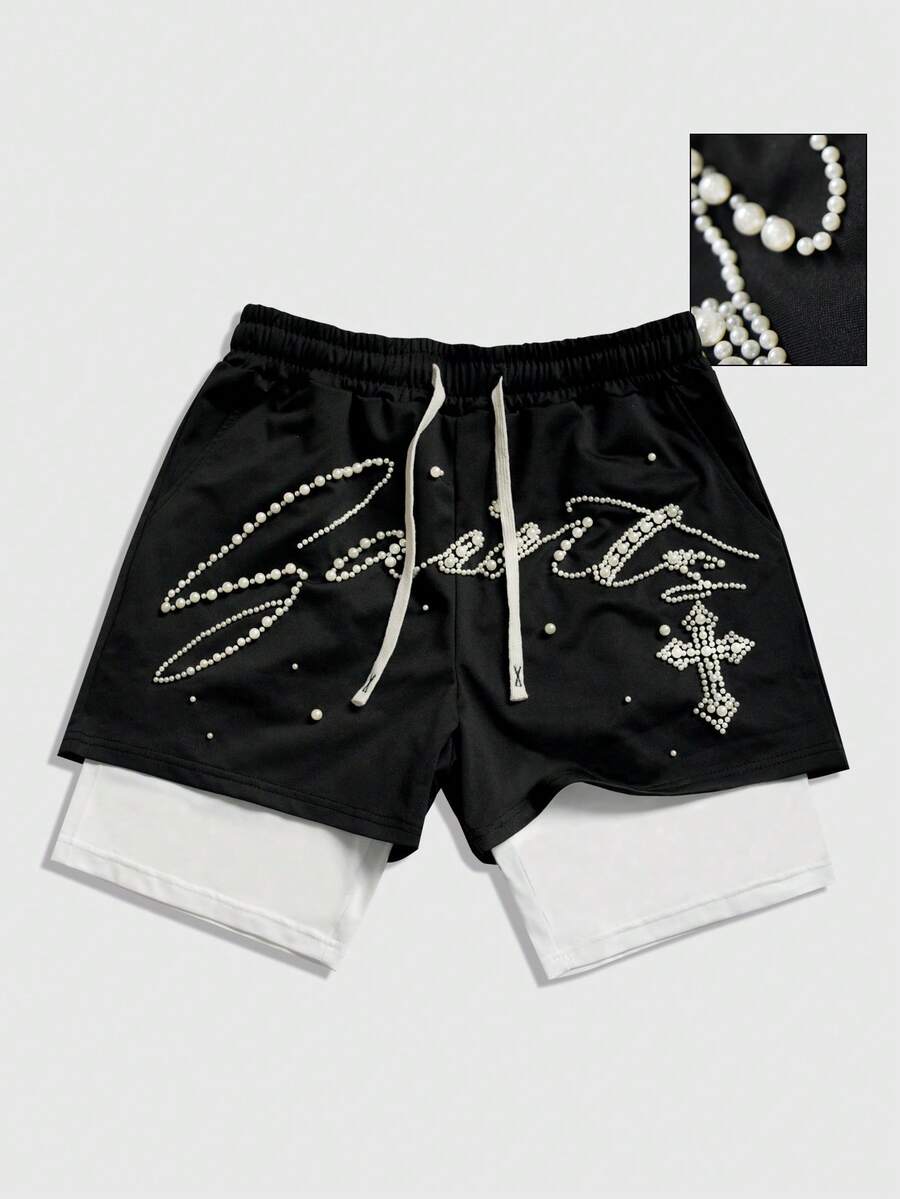 ROMWE MEN 2026 Spring/Summer New Casual Fashion Y2K Style Embellished 2 In 1 Shorts, Unisex Couple Matching Pants - Black - View 1
