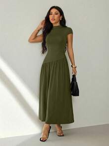 SHEIN PETITE Women's Elegant Solid Color Waist Cinched Long Dress, Suitable For Commuting - Army Green - View 4