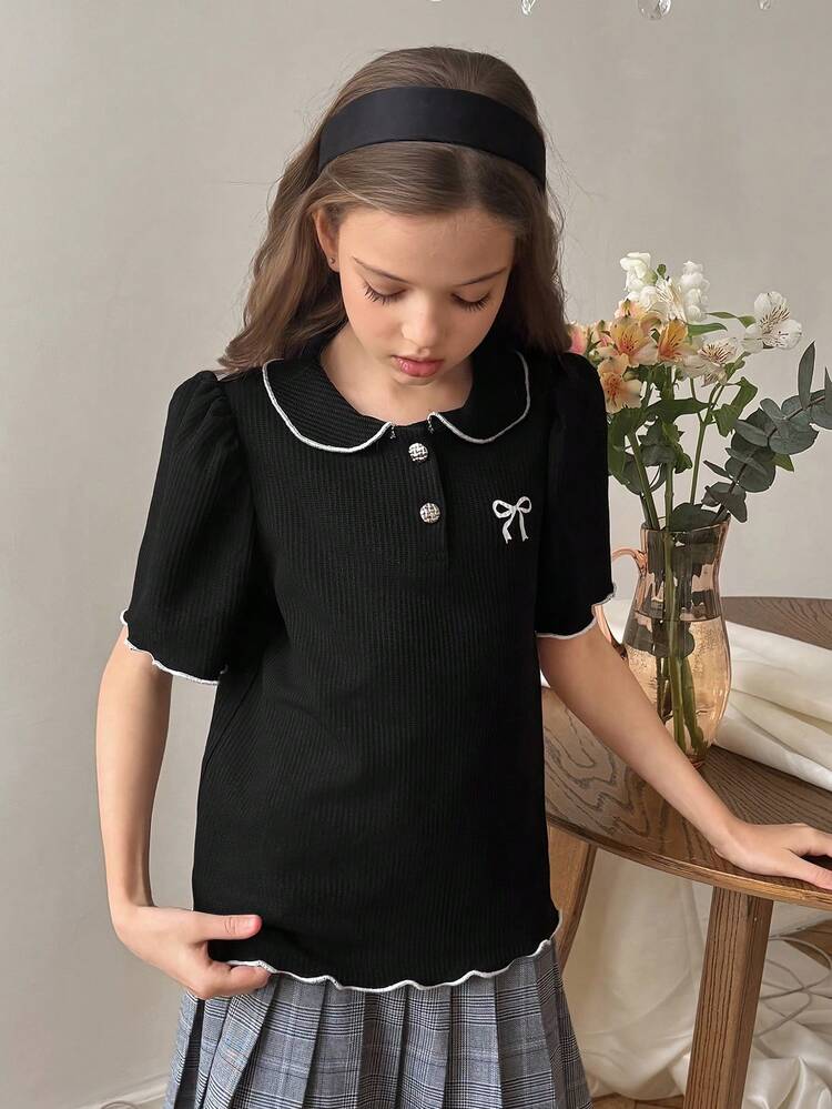 Tween Girls' Casual Everyday Commute Vacation Butterfly Print Contrast Binding Lettuce Trim Puff Sleeve T-Shirt, Summer