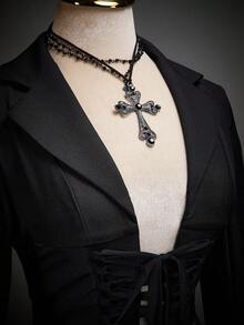 SHEIN ICON 女士时尚深色系带长袖修身上衣 - 黑色 - 查看 10