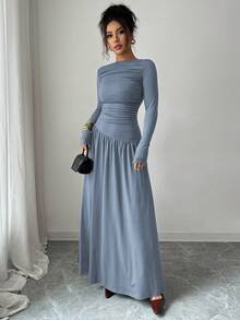 Elenzga 女士牛奶丝针织弹力露肩褶裥前腰A字宽松长袖连衣裙，优雅法式浪漫风格，适合办公室、通勤、街头、冬季等场合，百搭实用 - 霧霾藍 - 查看 8