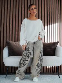 SAYEHFBABY Fashionable Casual Street Style Retro Print Wide Leg Jeans - Medium Wash - View 1