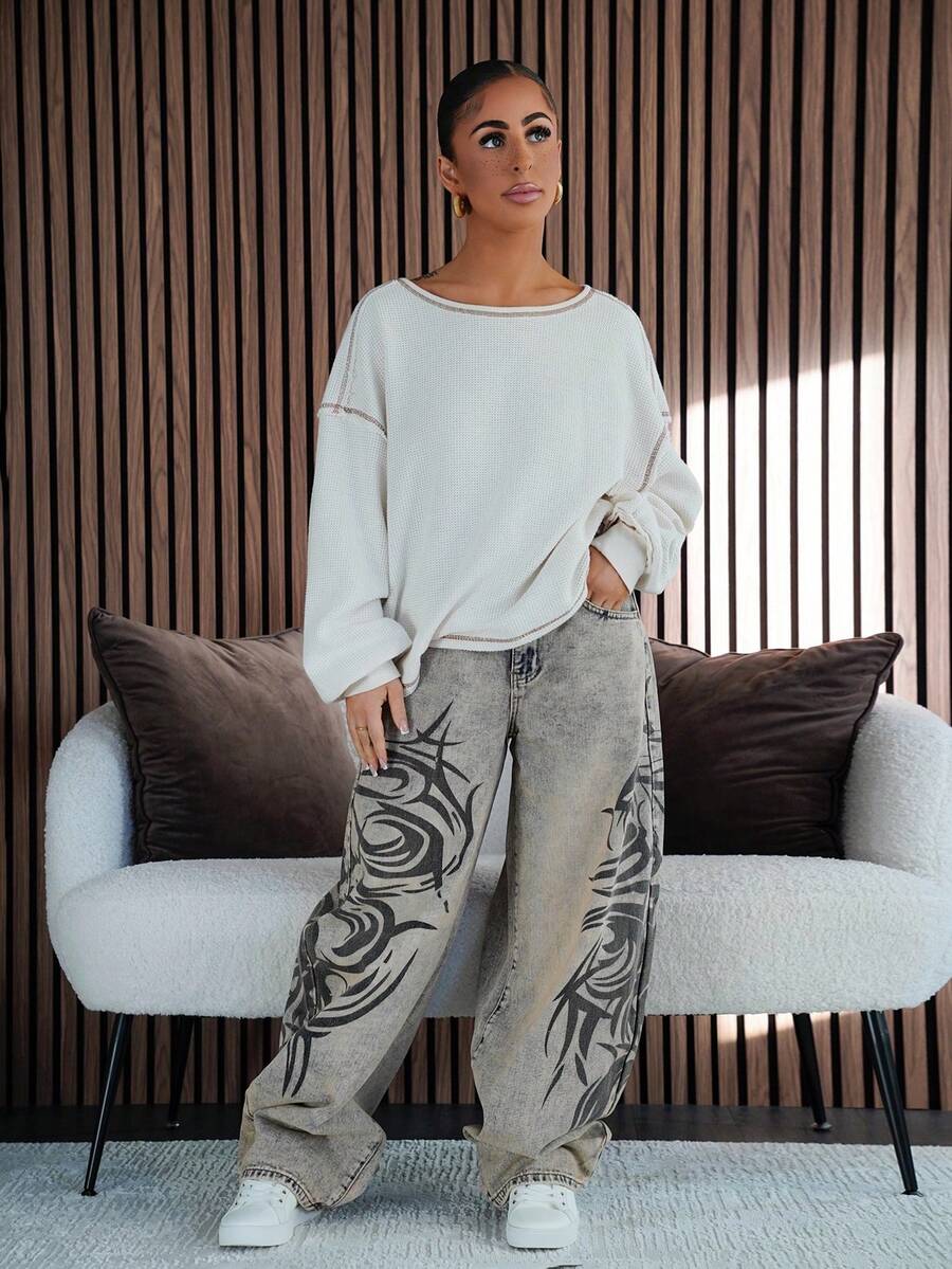 SAYEHFBABY Fashionable Casual Street Style Retro Print Wide Leg Jeans - Medium Wash - View 1