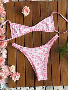 Swim Mod Nuevo conjunto de bikini reversible de dos piezas con estampado floral y a cuadros, Bottom tipo tanga con corte alto, parte superior con acolchado push-up y detalles en contraste, ideal para la playa, la piscina, fiestas de cumpleaños, San Valentín, vacaciones y tomar el sol. - Multicolor - Ver 4