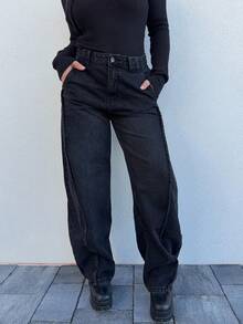 Jeta Ari 蓝色锥形裤腿时尚牛仔裤，适合秋季、冬季、春季、新年、派对、婚礼、优雅、时尚、潮流、圣诞节、节日、假日、外出、休闲等场合。 - 黑色 - 查看 3