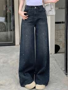 DAZY Quần jeans nữ ống rộng, túi xéo, kiểu dáng thường ngày, chất liệu denim mài, thích hợp mặc hàng ngày. - Xanh đậm - Xem 2