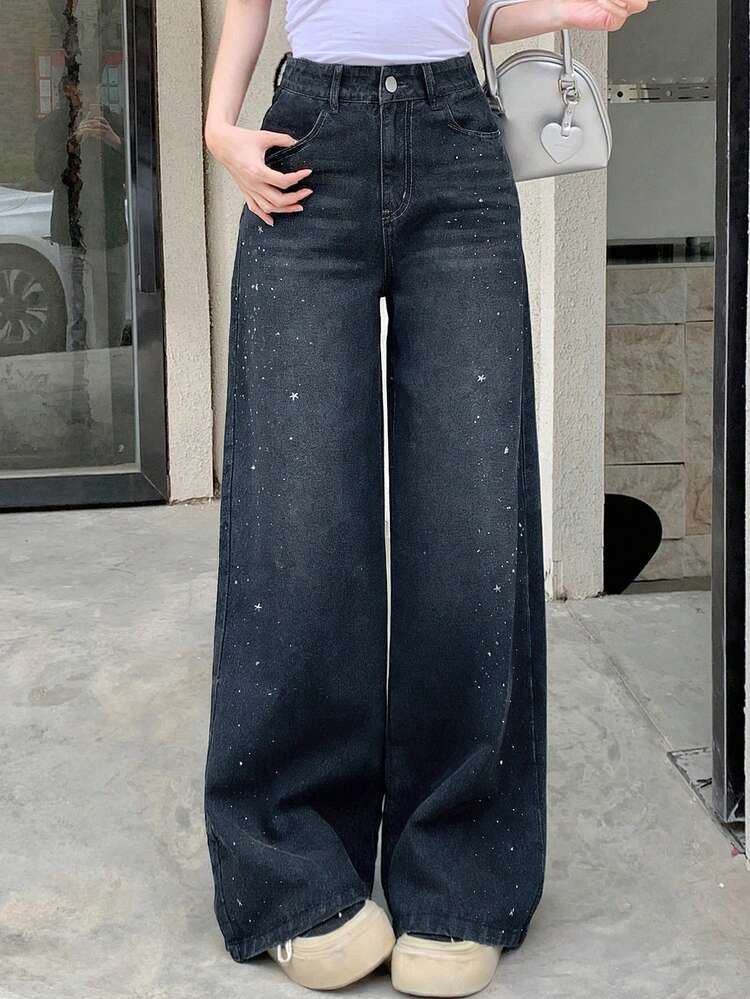 Women's Casual Everyday Washed Slant Pocket Wide Leg Jeans