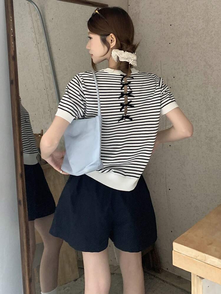 Women's Unique Backless Bow Striped Short Sleeve T-Shirt, French Style Round Neck Fitted Knit Top