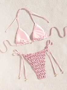 Costavie Swim Basics 两件套亮片纹理面料珍珠装饰挂脖三角文胸和侧系带泳裤性感比基尼套装，春夏海滩度假 - 彩色 - 查看 2