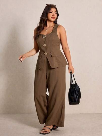 Elaquor 大码女式金属花朵装饰背心和阔腿裤休闲两件套