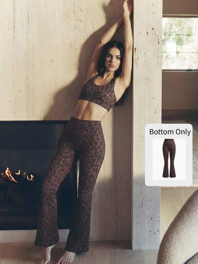 Anewsta Leopard Print Fleece Lined Flare Yoga Pants, High Waist Butt Lifting Workout Leggings For Outdoor Sports