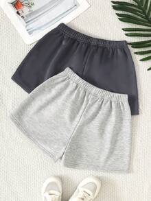 2pcs Tween Girls' Casual Solid Color Knit Wide Leg Shorts - Grey - View 2