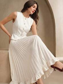 Anewsta Vestido de mujer de primavera con un solo botón de perla, sin mangas, con cintura fruncida y plisada - Albaricoque - Ver 1