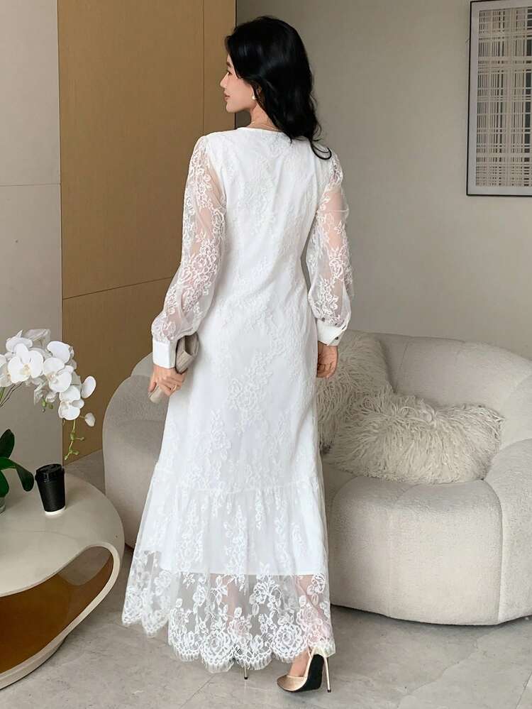 Women's Solid Color Lace Fitted Waist V-Neck Long Sleeve Flared Hem Maxi Dress, Elegant Spring/Summer Long Dress Sundress