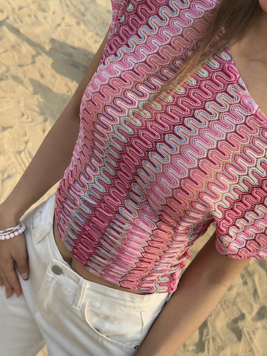 Livesso Women's Casual Asymmetric Collar Striped Blouse, Summer - Pink - View 1