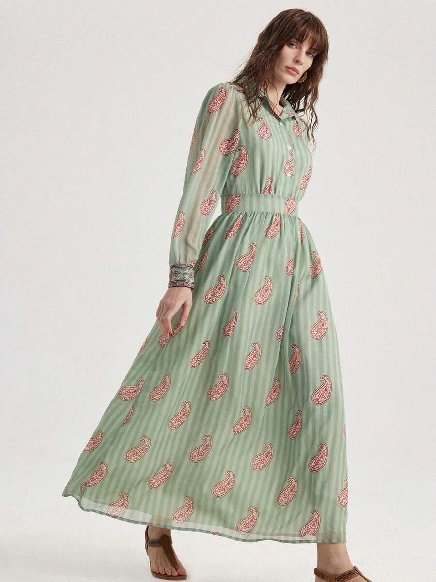 Aveloria Modichic 舒适修身通勤高端轻盈雪纺印花衬衫领收腰女式长袖超长连衣裙 - 彩色 - 查看 1