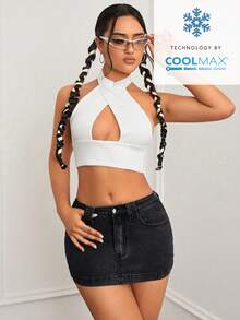 SHEIN ICON 女士夏季时尚街头风斜插口袋迷你水洗牛仔裙 - 黑色 - 查看 5