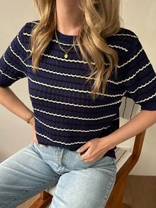 Livesso Women's Striped Hollow-Out Short Sleeve Knit Top - Navy Blue - View 6