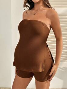 SHEIN 2pcs Maternity Solid Color Comfortable Cropped Top And Shorts Set, Summer Cute Outfit Outfits Beach Casual Holiday - Brown - View 6