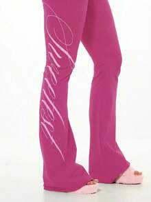 SUMWON WOMEN 女士喇叭裤，翻折腰带，饰有字母图案，粉色弹力阔腿靴型裤，休闲服 - 玫紅色 - 查看 4