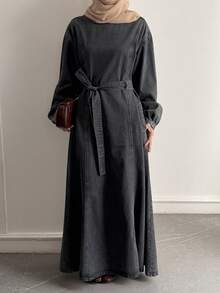 DAZY Tie-Waist Loose Fit Denim Midi Dress For Women - Grey - View 3