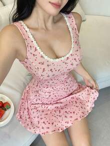 DAZY Đầm ngắn/váy ngủ không tay, thắt eo, phối ren hoa ngọt ngào, đồ mặc nhà mùa hè cho nữ. - Hồng - Xem 6