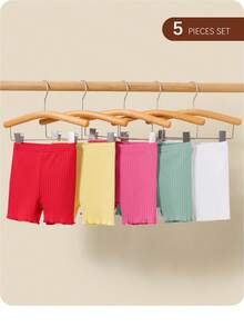 5pcs Baby Girl Casual Solid Color Elastic Waist Knit Shorts Set - Multicolor - View 2